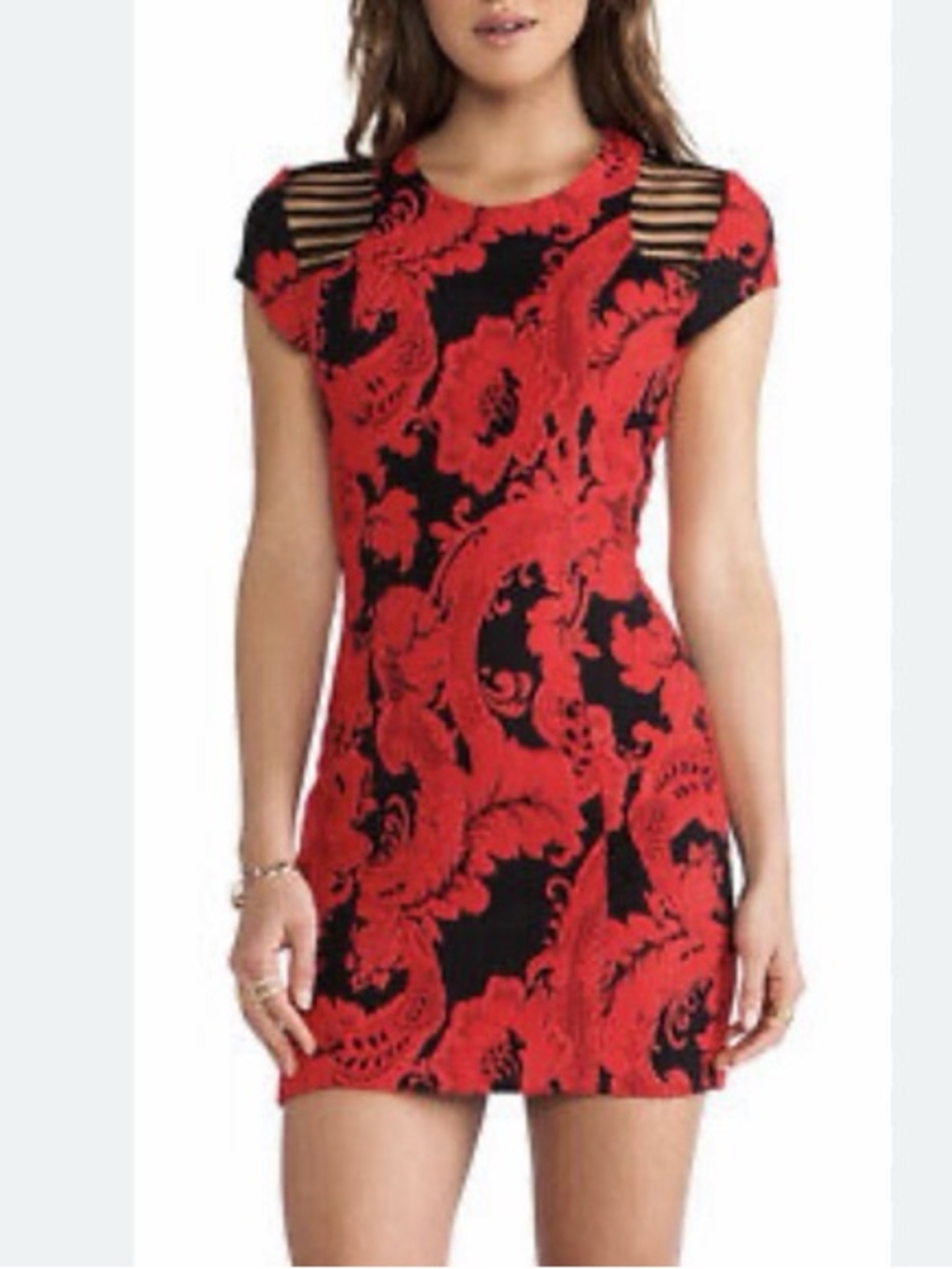 Parker Sexy Cut Out Red Black Floral Lace Overlay Short Mini Bodycon Dress XS